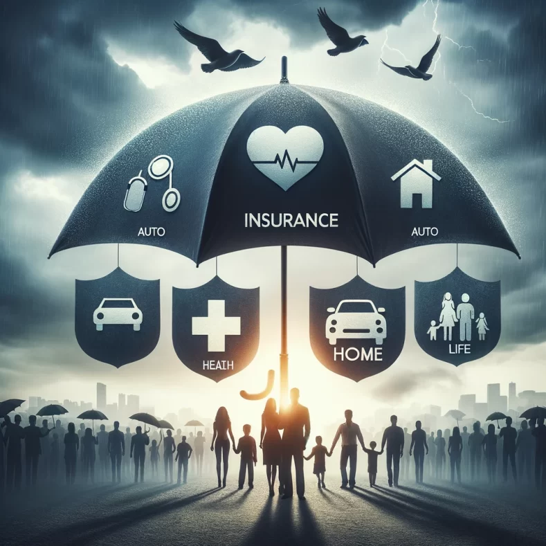 DALL·E 2024-03-21 10.38.29 - Create a visually engaging and symbolic representation of the concept of insurance, incorporating elements that represent auto, health, home, and life